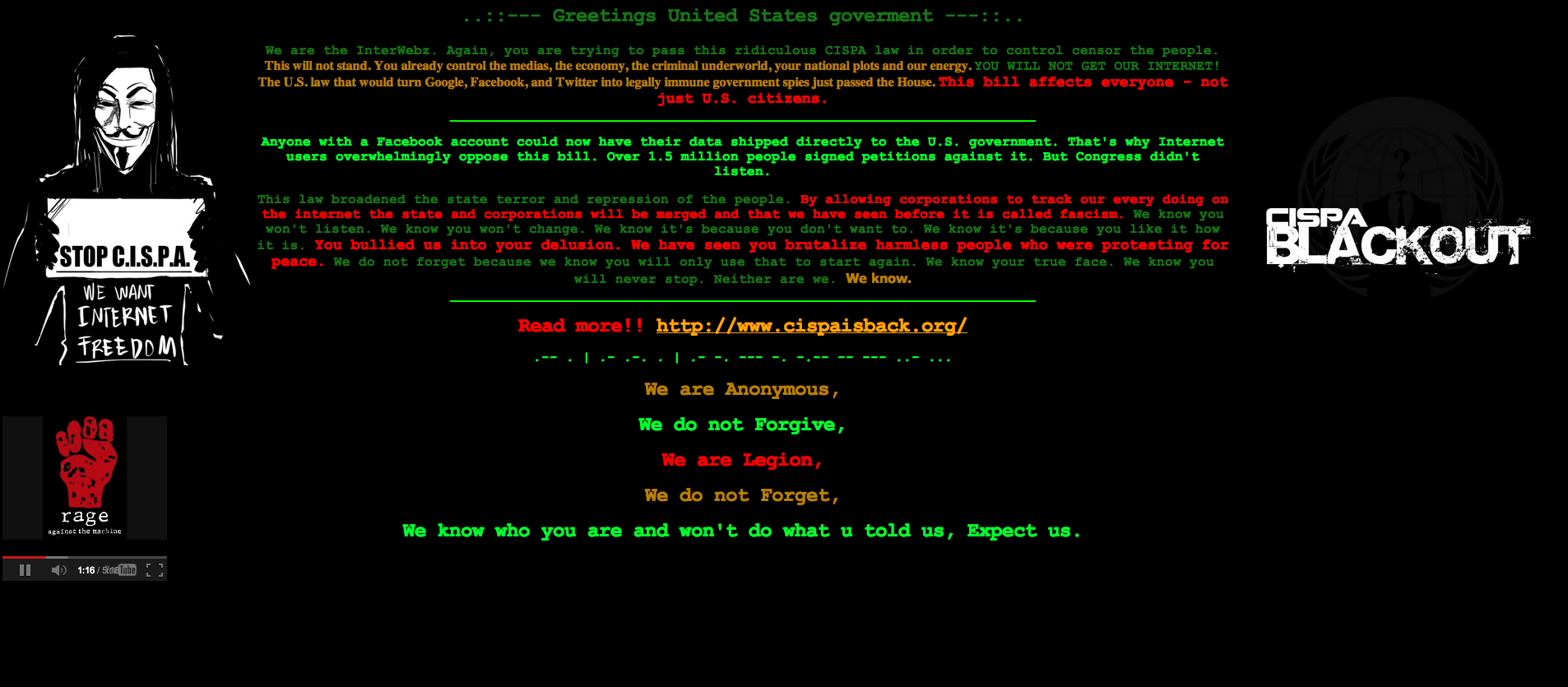 Blackout, USA, Hackare, Anonymous, Representanthuset, Cispa, Lagförslag, Barack Obama